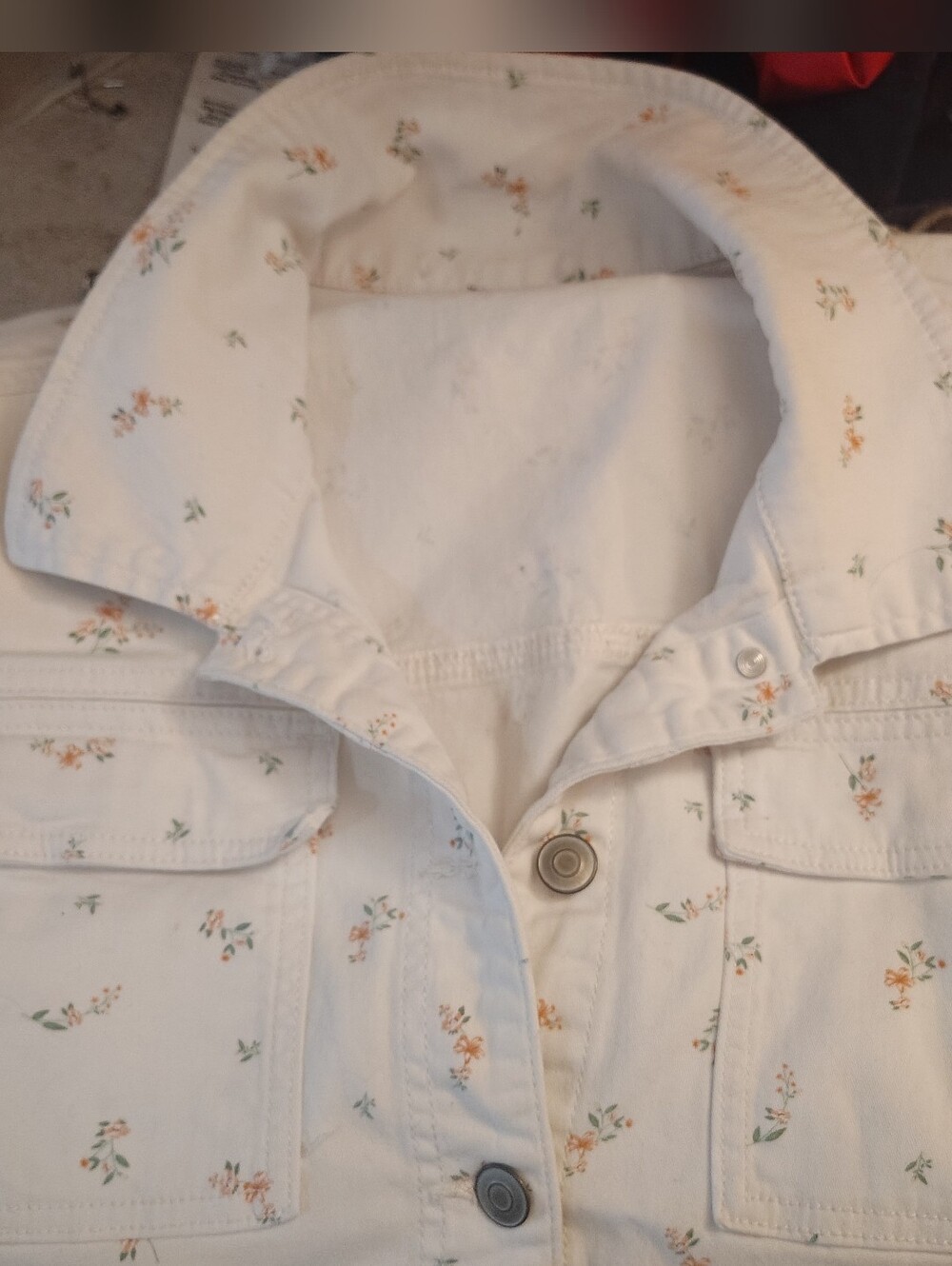 J Crew Romper, Women, Denim White Peach/Green Floral, BttnUp, Collar, Pockets, L - Picture 13 of 14